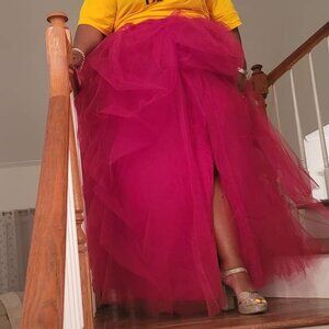 Long Women's Special Occasion Slit Tulle Evening Skirt (Wine Red, XXX-Large)